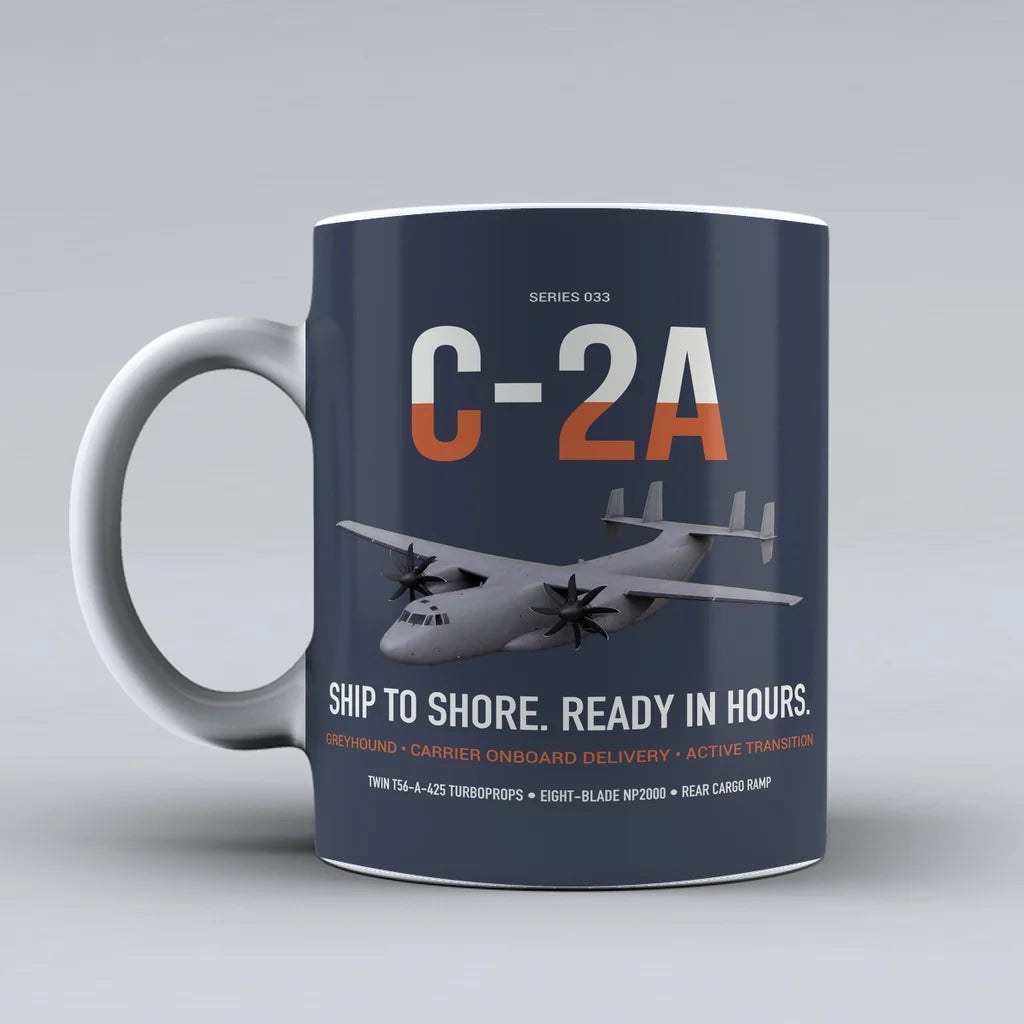 C-2A Greyhound design on dark blue ceramic mug, double-side print
