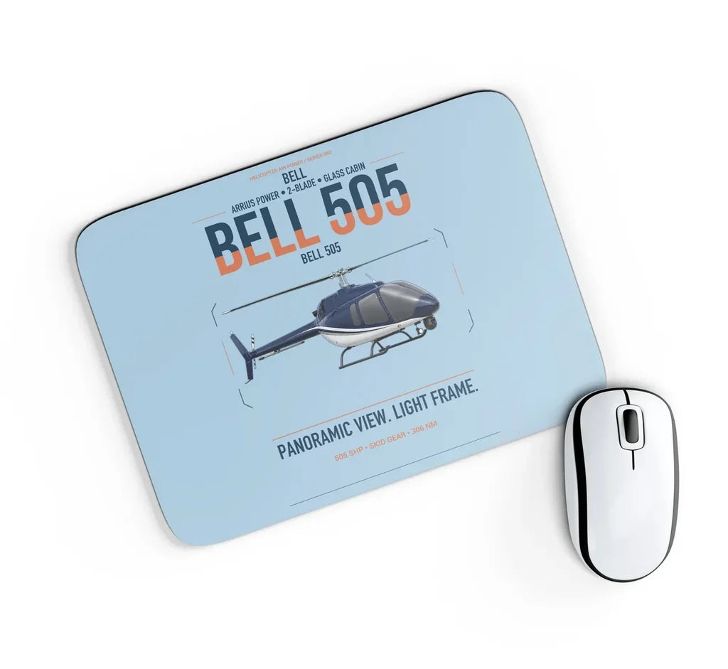 Bell 505 design on light blue rectangle mouse pad