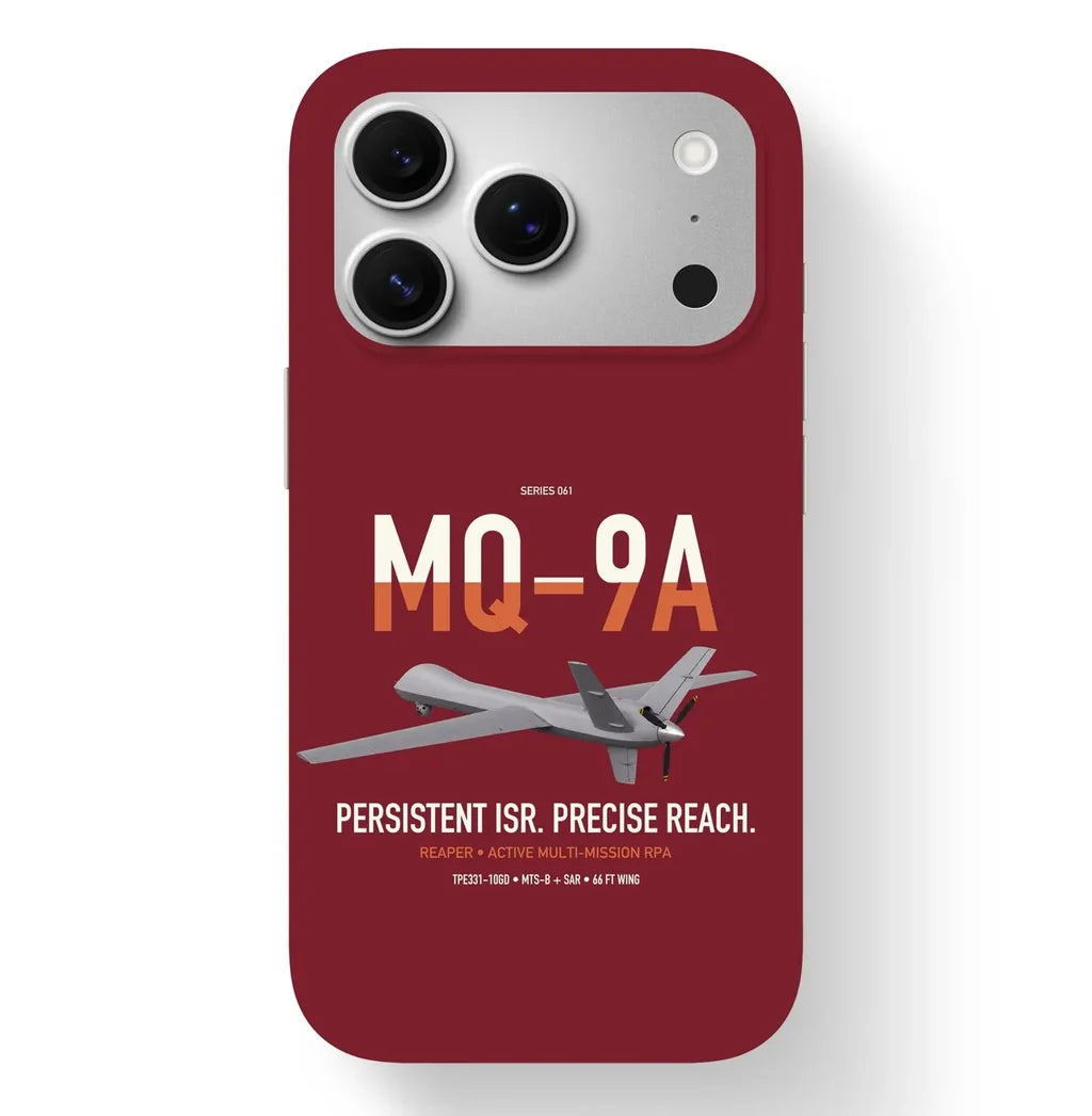 MQ-9A Reaper design on dark red magsafe iphone case, for iPhone 17 Pro