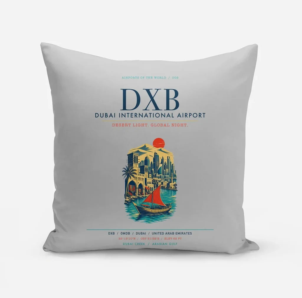 Dubai International Airport (DXB) design on light gray pillow