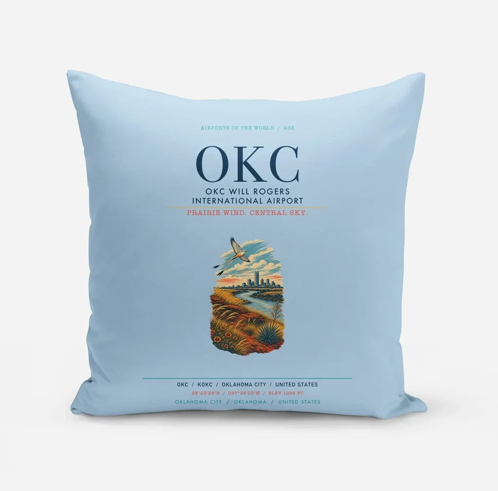 OKC Will Rogers International Airport (OKC) design on light blue pillow