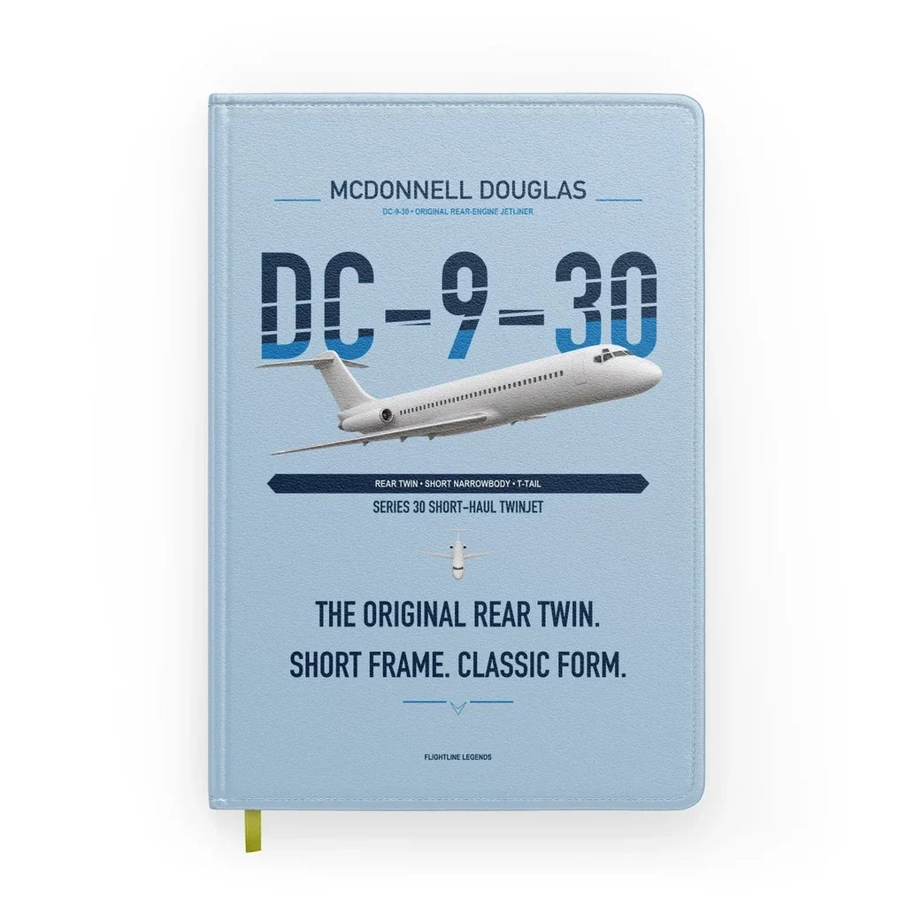 McDonnell Douglas DC-9-30 design on light blue notebook