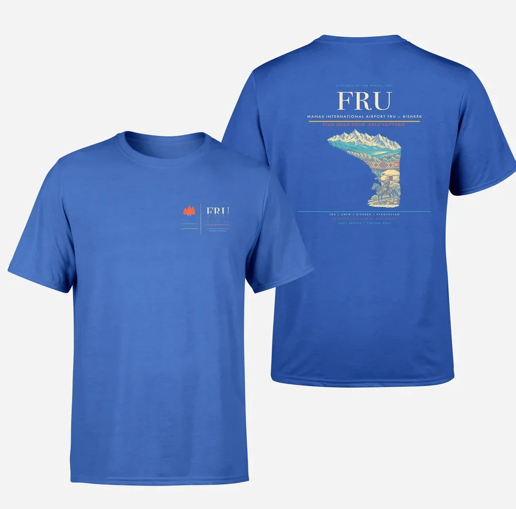 Manas International Airport (FRU) design printed on blue double-side t-shirt