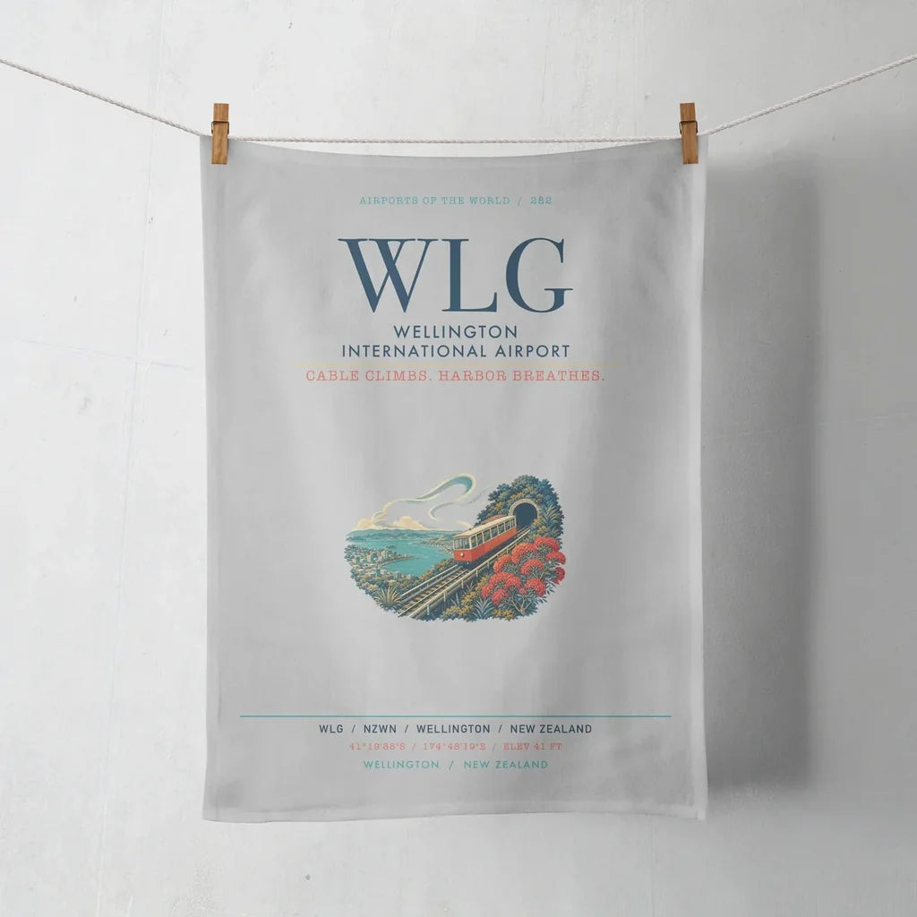 Wellington International Airport (WLG) design on light gray towel