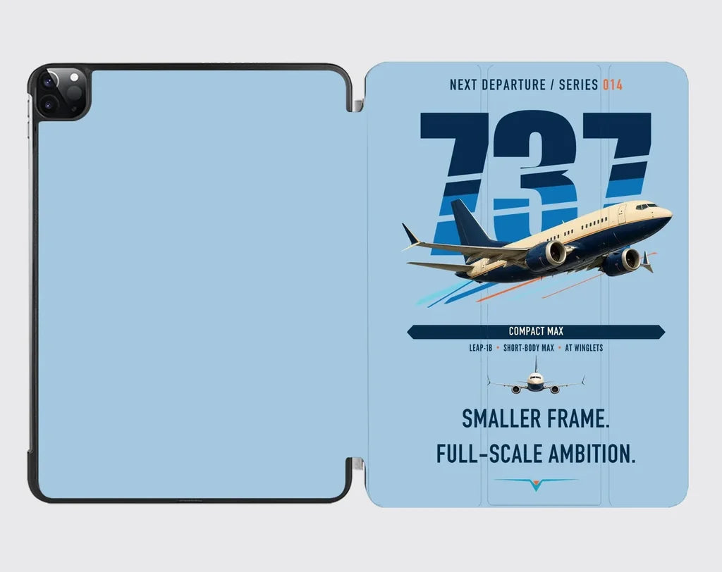 Boeing 737 MAX 7 design on light blue ipad tablet case