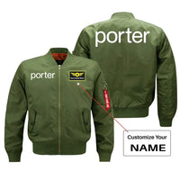 Thumbnail for Porter Airlines aviation design with custom name embroidered on green bomber jacket