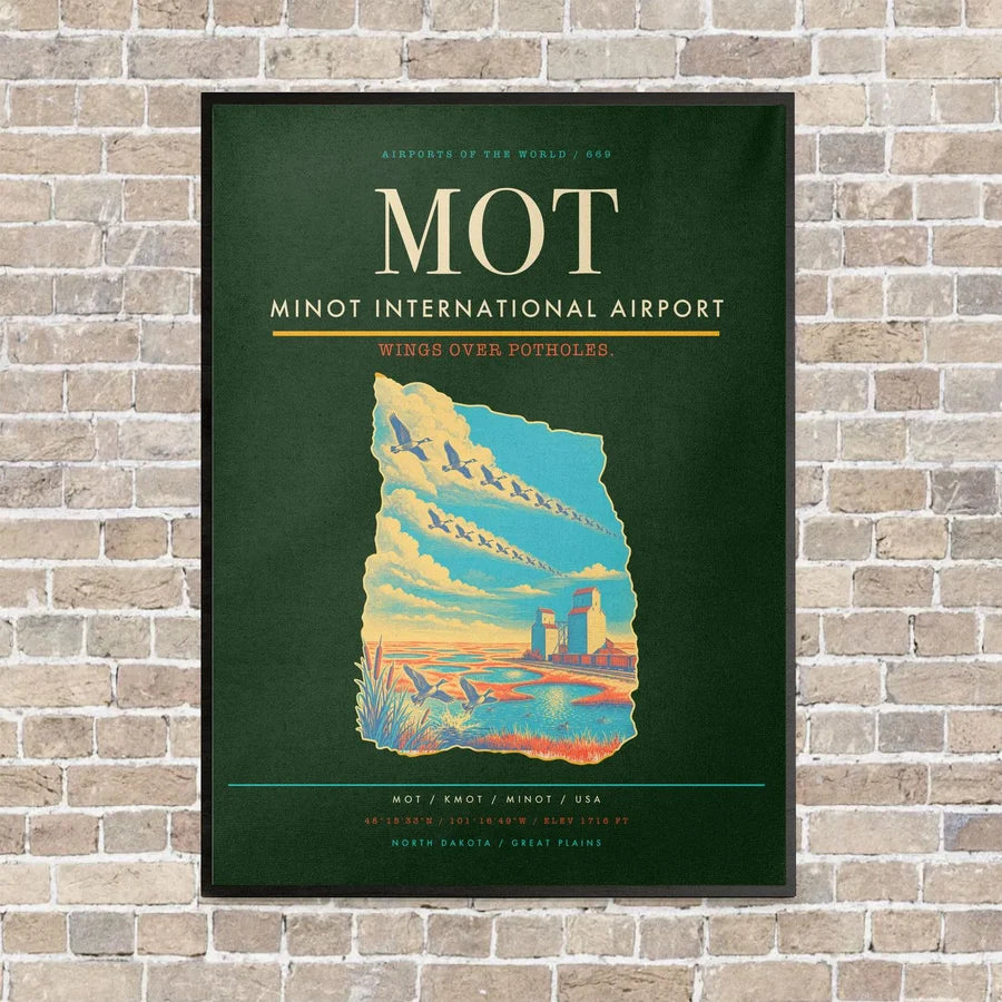 Minot International Airport MOT vertical canvas print - framed - dark green background