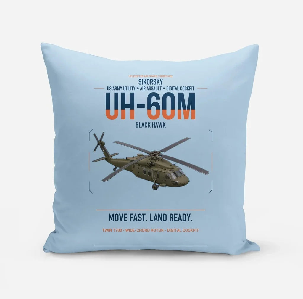 Sikorsky UH-60M Black Hawk design on light blue pillow