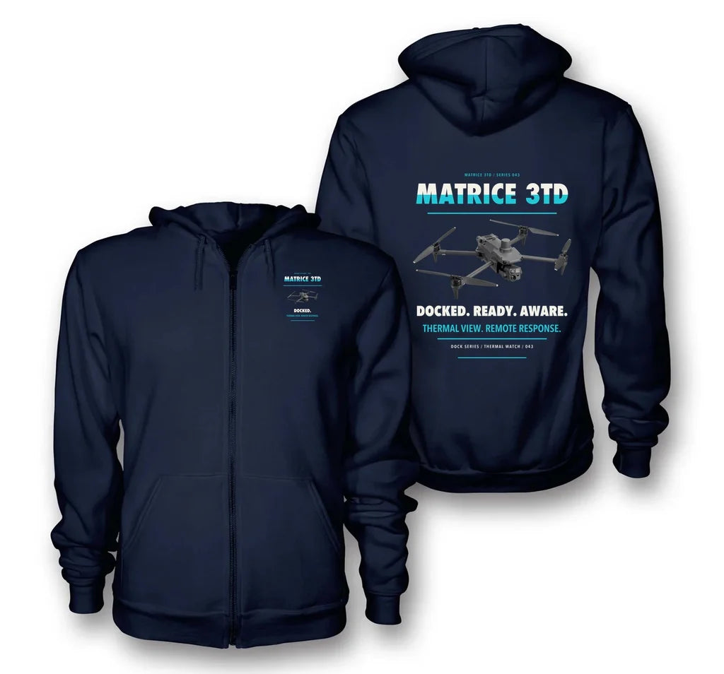 DJI Matrice 3TD design on navy blue zipped hoodie