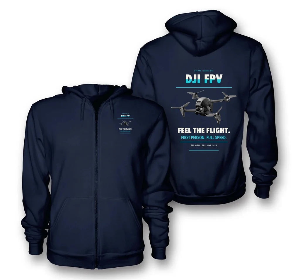 DJI FPV design on navy blue zipped hoodie