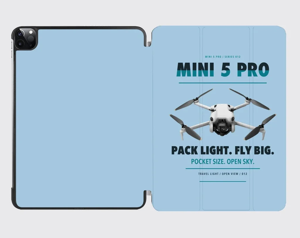 DJI Mini 5 Pro design on light blue ipad tablet case