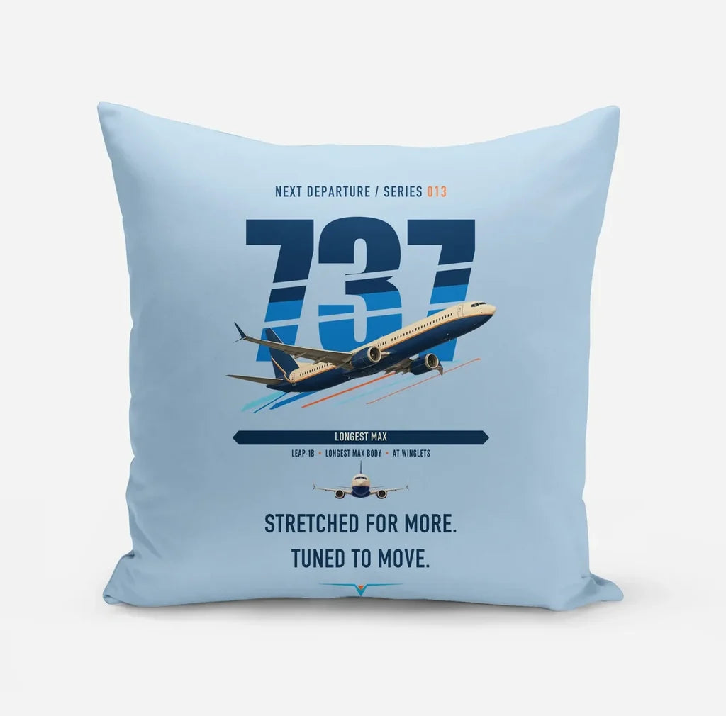 Boeing 737 MAX 10 design on light blue pillow