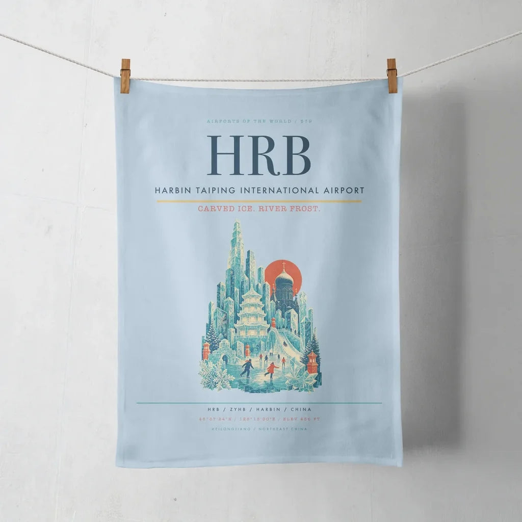 Harbin Taiping International Airport (HRB) design on light blue towel