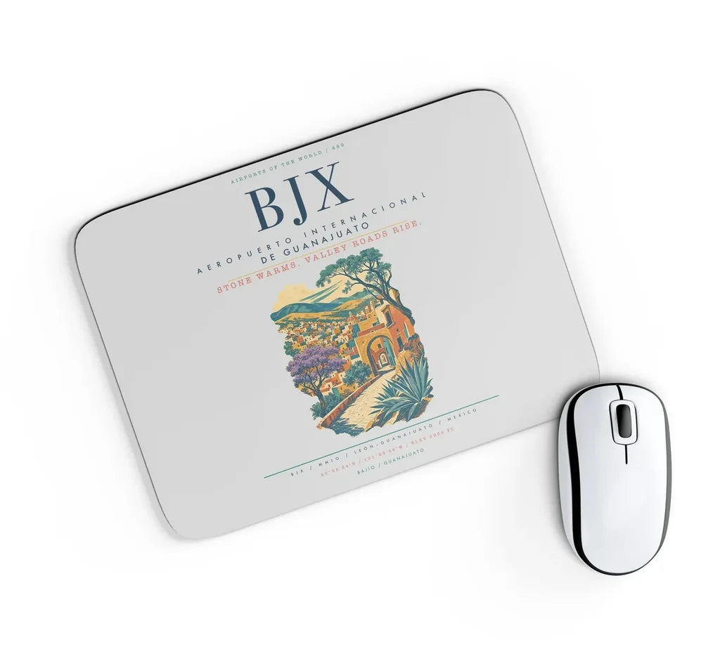 Aeropuerto Internacional de Guanajuato (BJX) design on light gray rectangle mouse pad