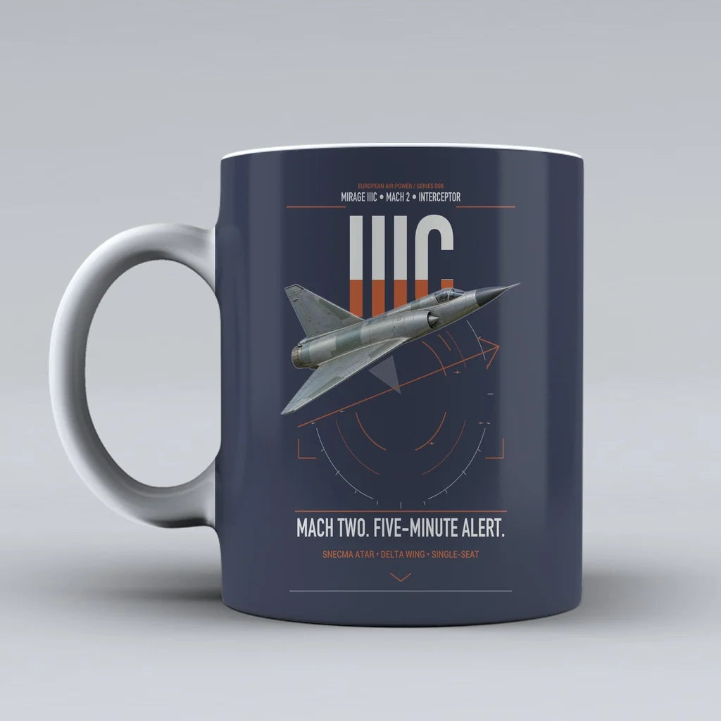 Dassault Mirage IIIC design on dark blue ceramic mug, double-side print