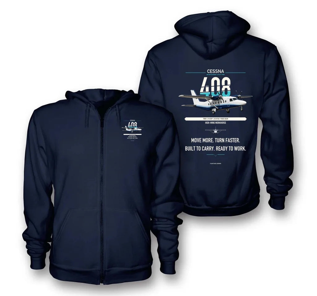 Cessna 408 SkyCourier design on navy blue premium zipped hoodie, double-side print