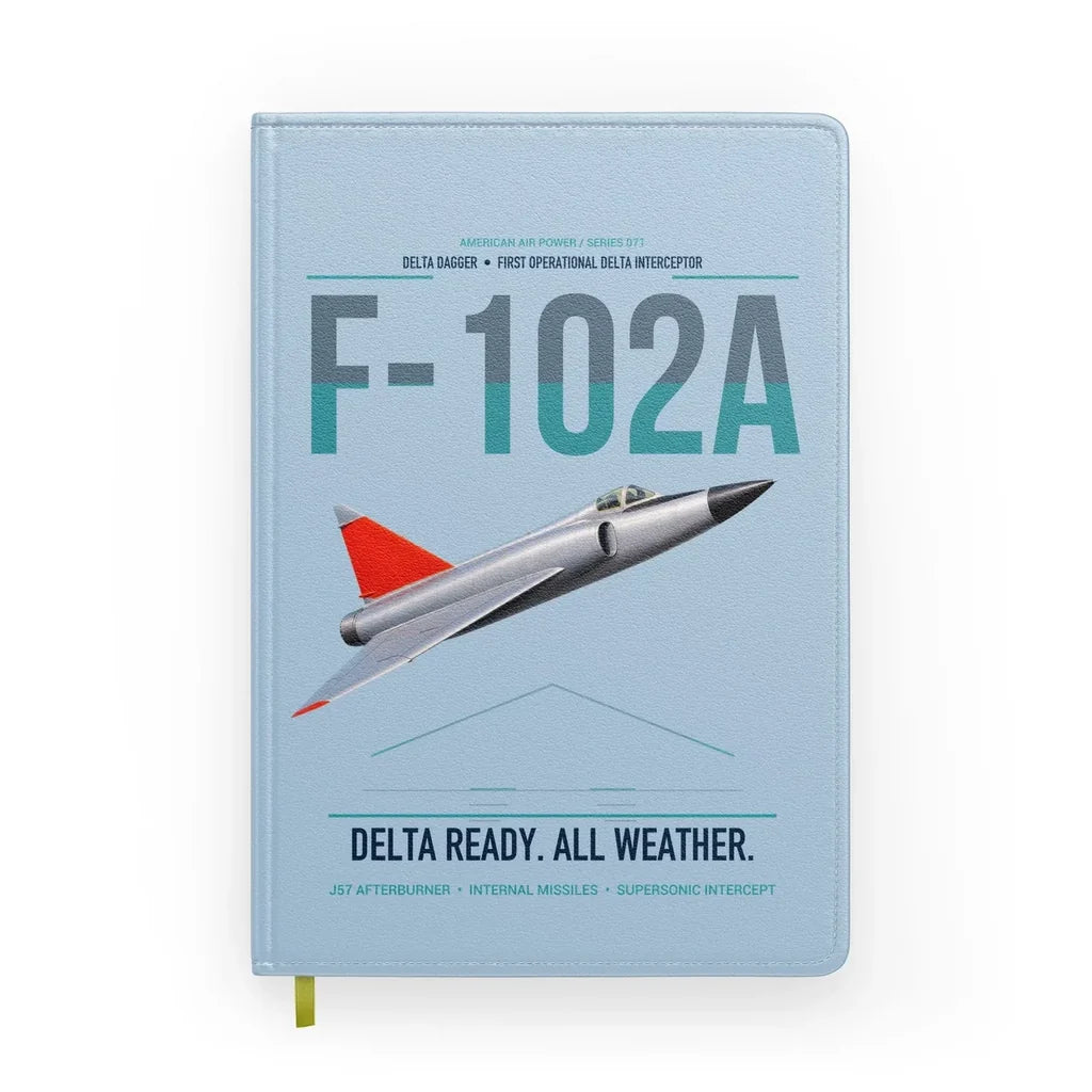 F-102A Delta Dagger design on light blue notebook