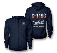 Thumbnail for C-119G Flying Boxcar design on navy blue premium zipped hoodie, double-side print