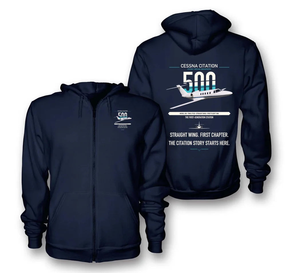 Cessna Citation 500 - Citation I design on navy blue premium zipped hoodie, double-side print