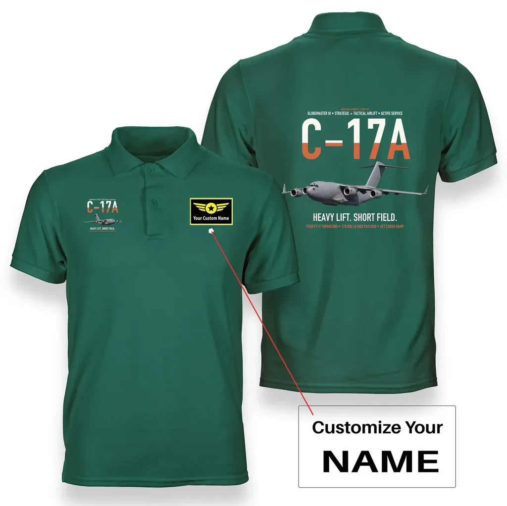 C-17A Globemaster III design on green+name double-side polo t-shirt, double-side print