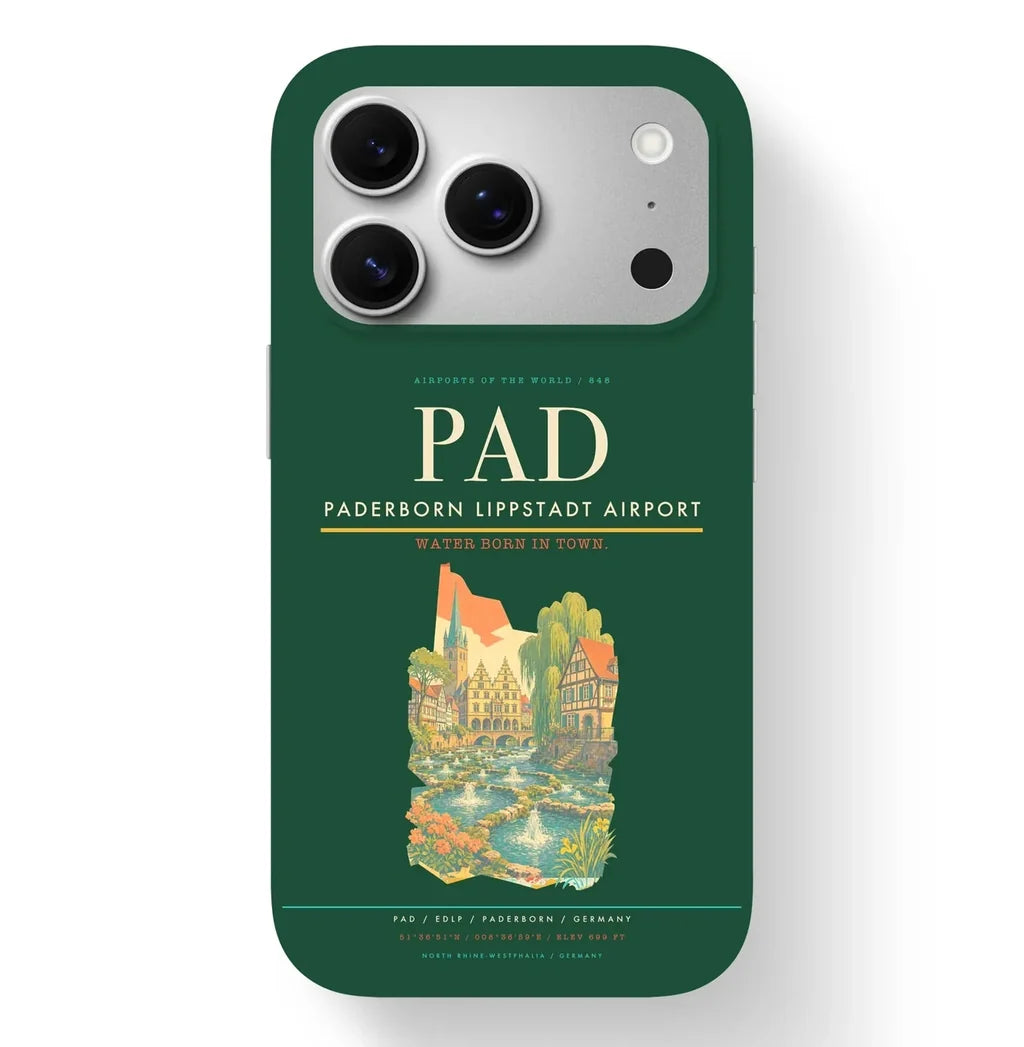 Paderborn Airport (PAD) design on dark green iPhone 17 Pro MagSafe case