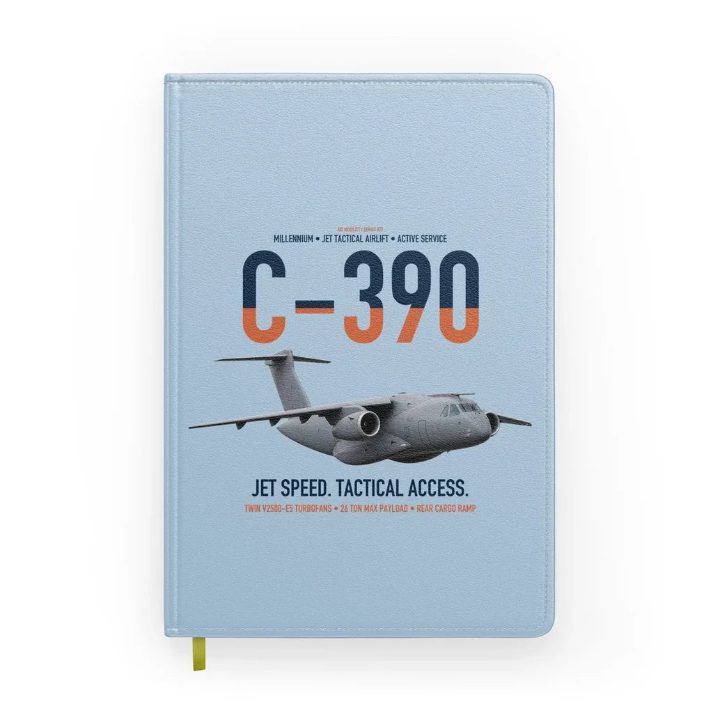 C-390 Millennium design on light blue notebook