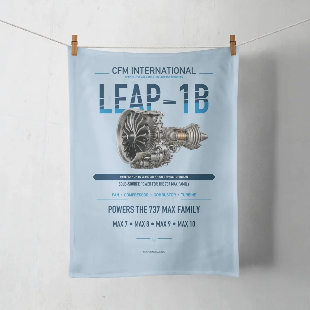CFM LEAP-1B design on light blue towel