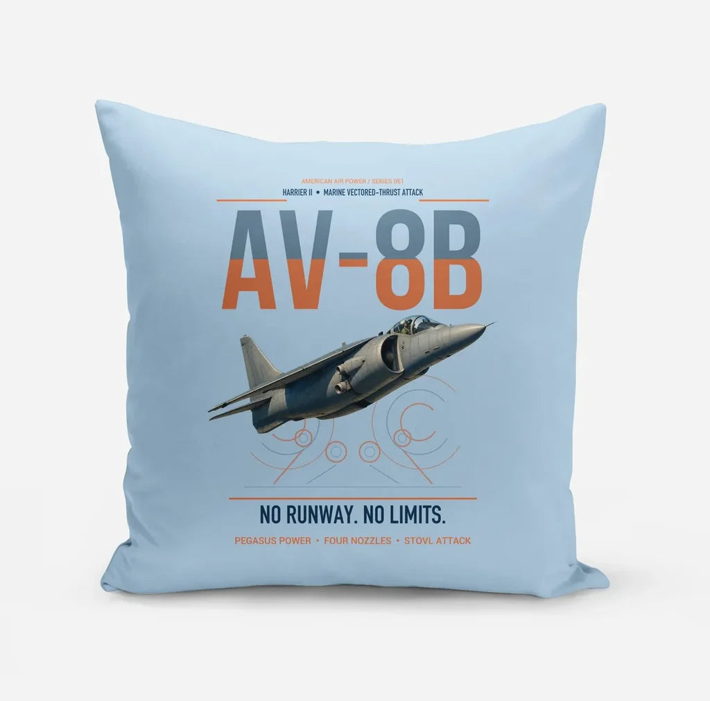 AV-8B Harrier II design on light blue pillow