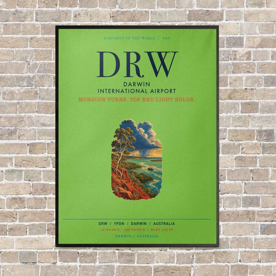 Darwin International Airport DRW vertical canvas print - framed - light green background
