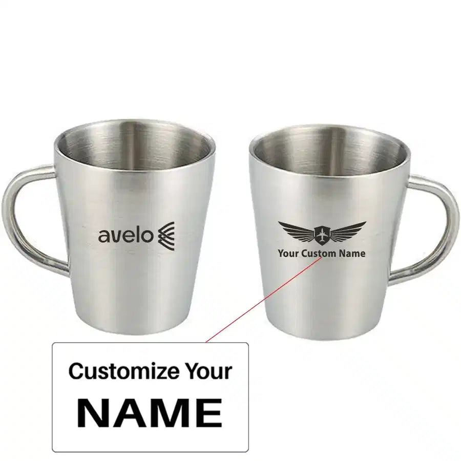 Avelo Airlines Stainless Steel Coffee mug, Silver+Name
