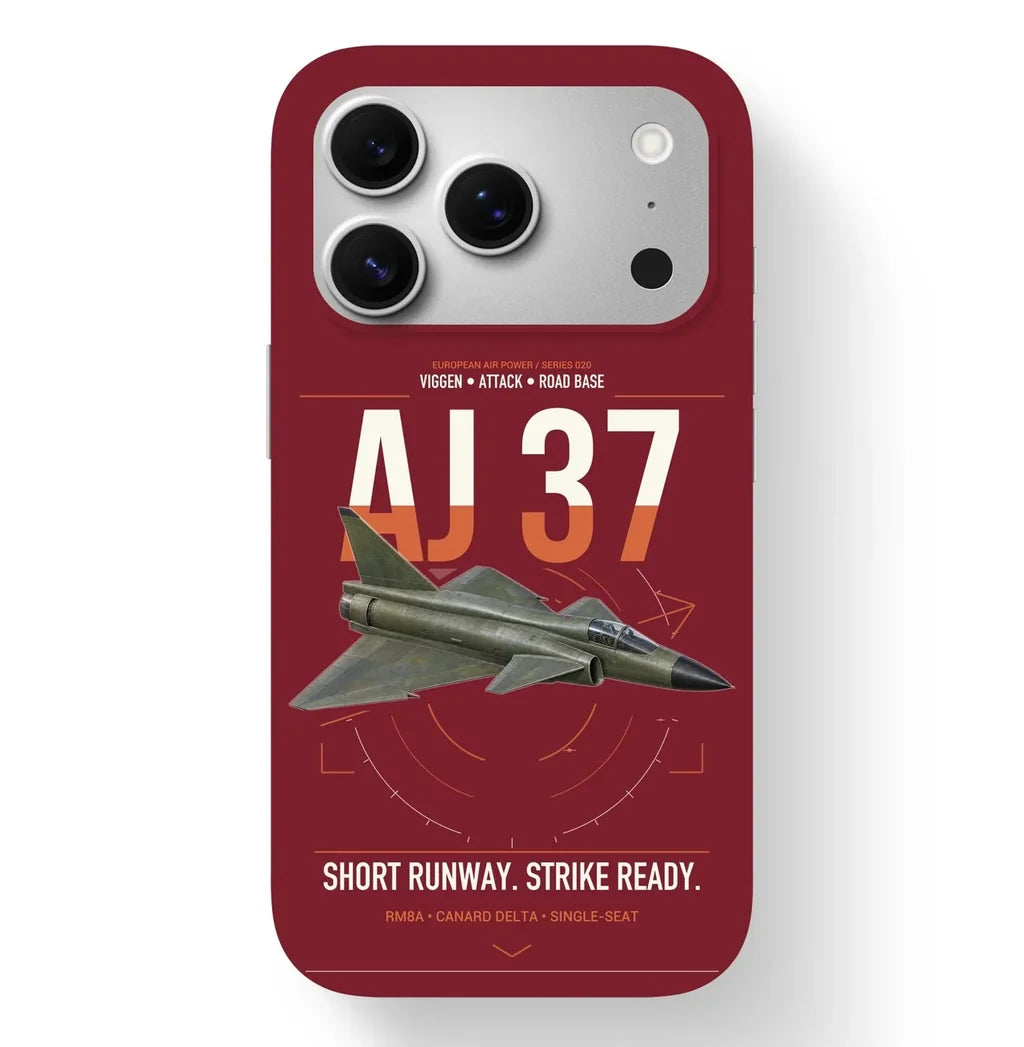 Saab AJ 37 Viggen design on dark red magsafe iphone case, for iPhone 17 Pro