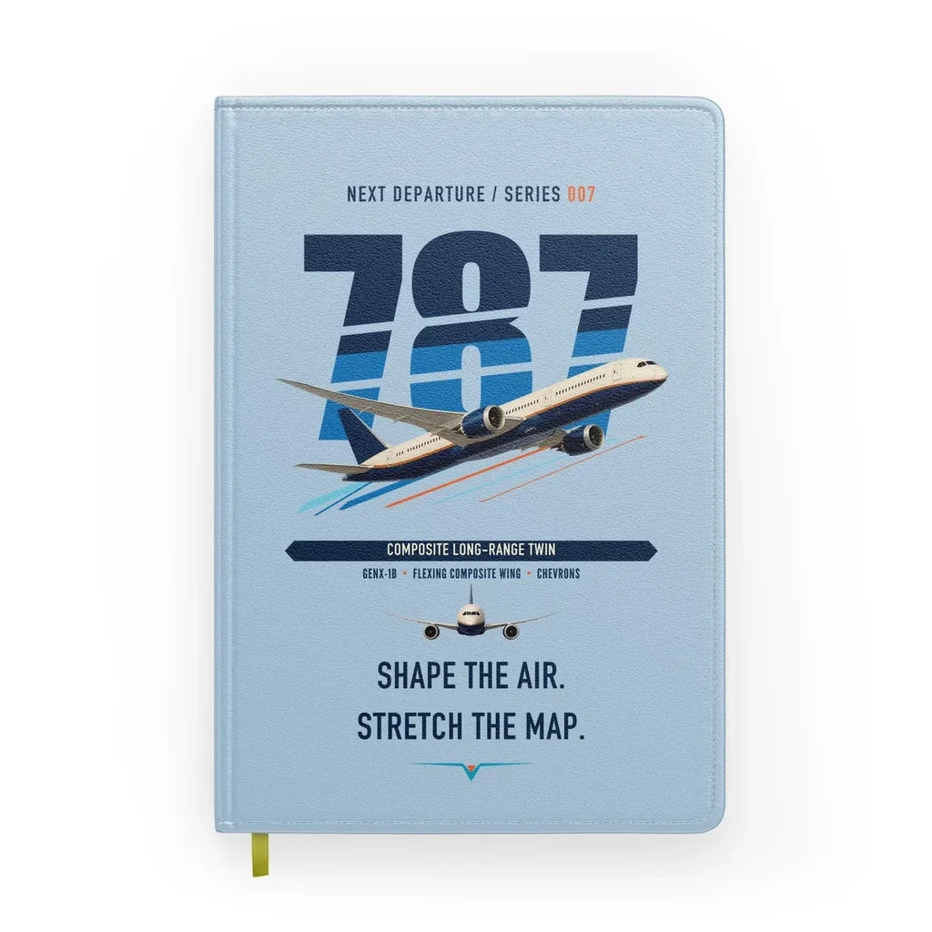 Boeing 787-9 Dreamliner design on light blue notebook