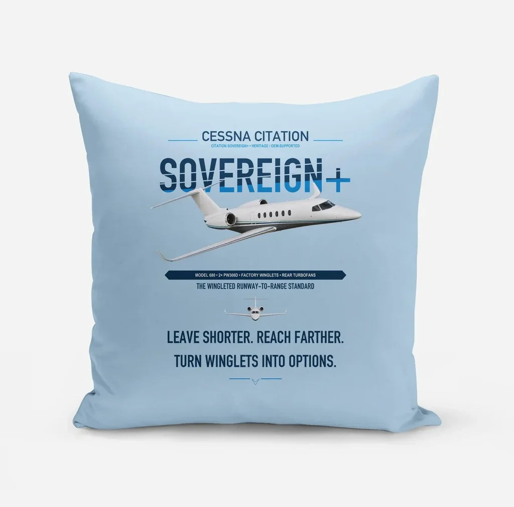 Cessna Citation Sovereign+ design on light blue pillow