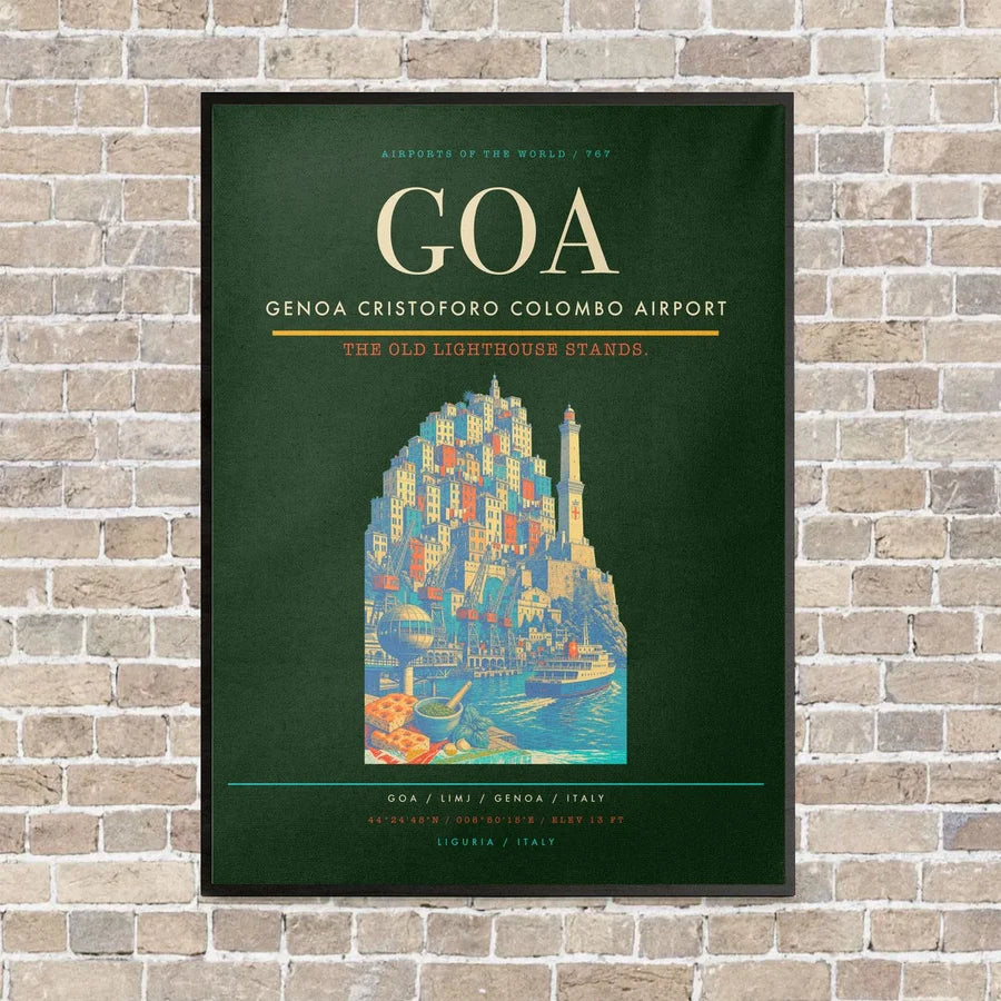 Genoa Cristoforo Colombo Airport GOA vertical canvas print - framed - dark green background