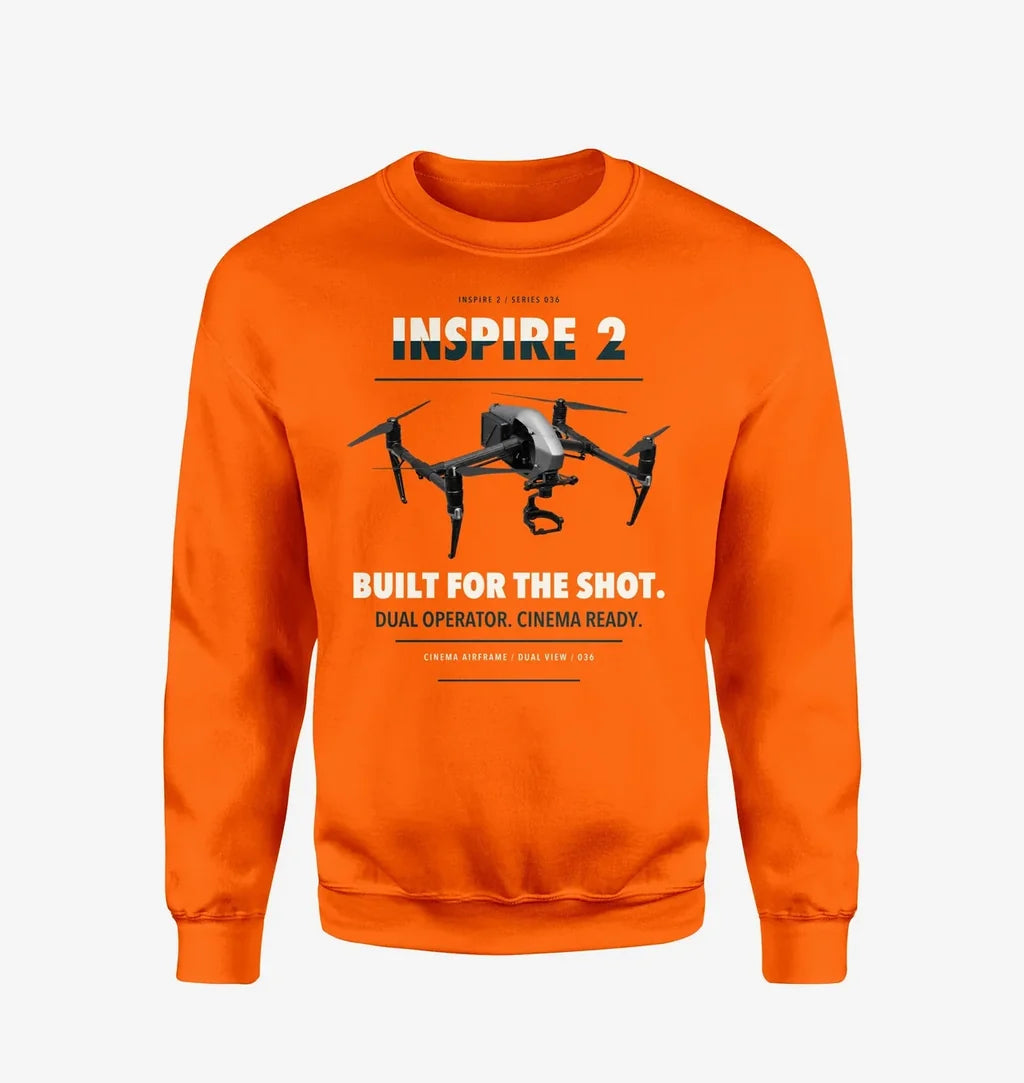 DJI Inspire 2 design on orange sweatshirt