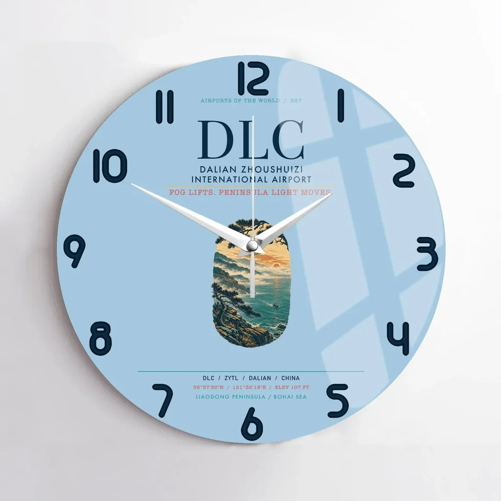 Dalian Zhoushuizi International Airport (DLC) design on light blue no frame wall clock