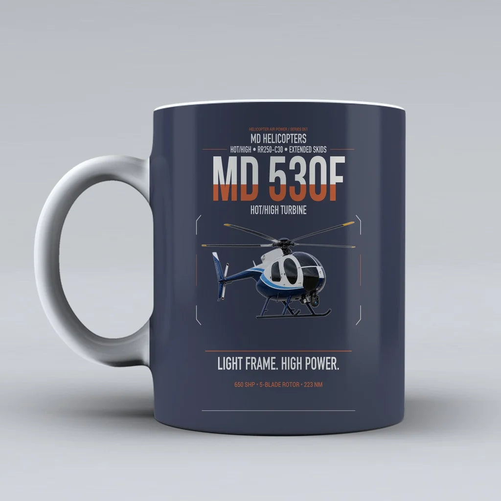MD Helicopters MD 530F design on dark blue ceramic mug, double-side print