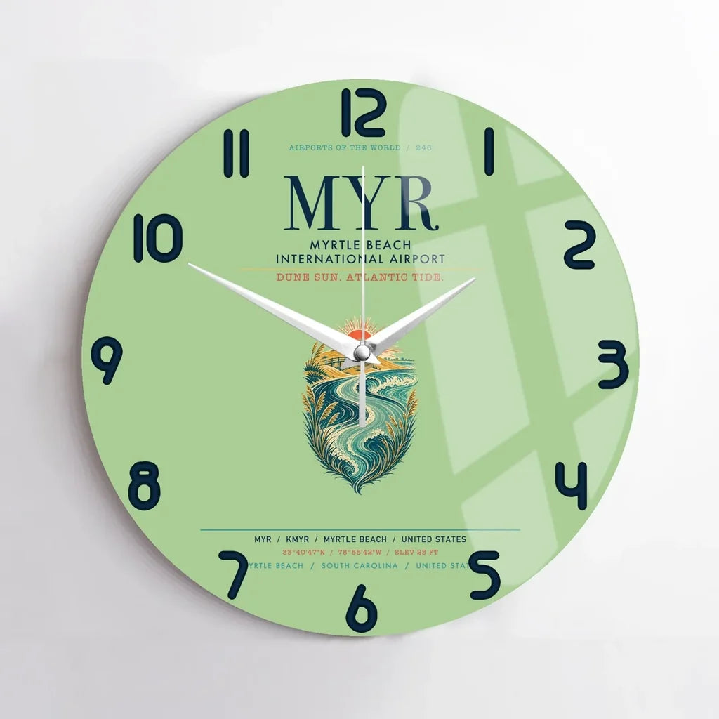Myrtle Beach International Airport (MYR) design on light green no frame wall clock
