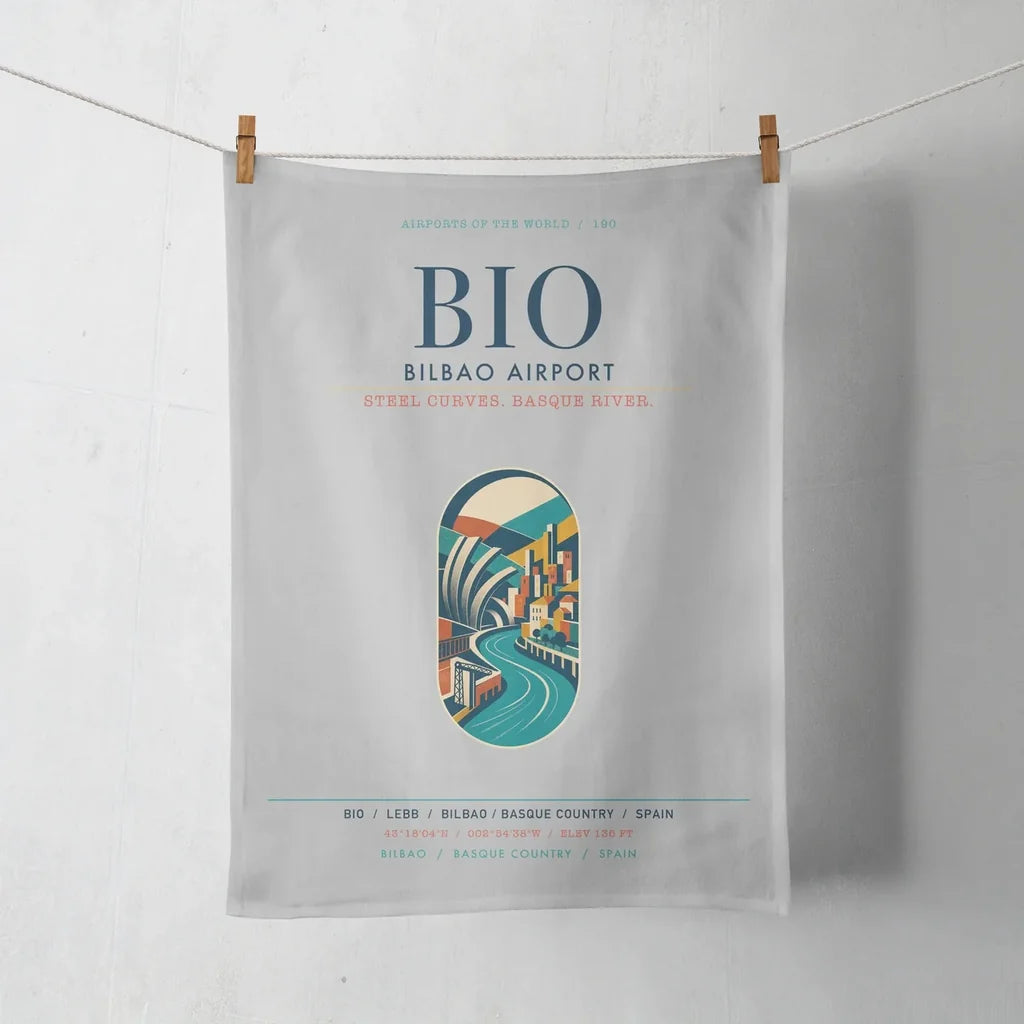 Bilbao Airport (BIO) design on light gray towel
