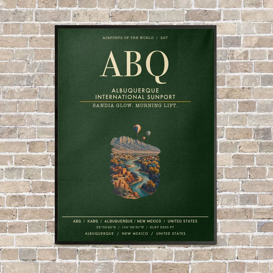 Albuquerque International Sunport ABQ vertical canvas print - framed - dark green background