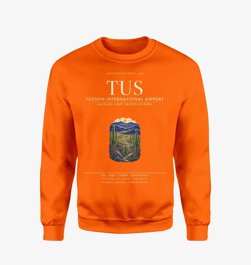 Tucson International Airport (TUS) design on orange sweatshirt
