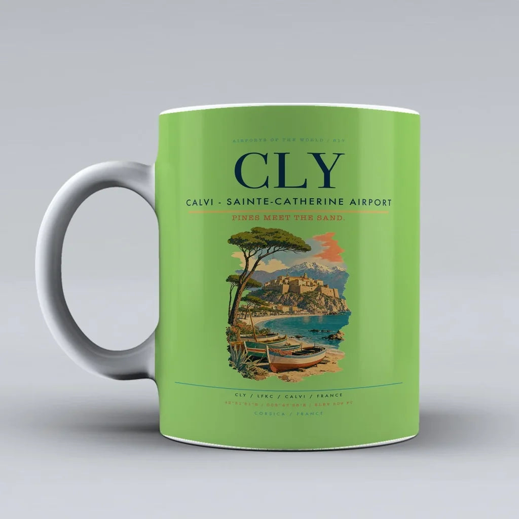 Calvi (CLY) airport code design on light green ceramic mug