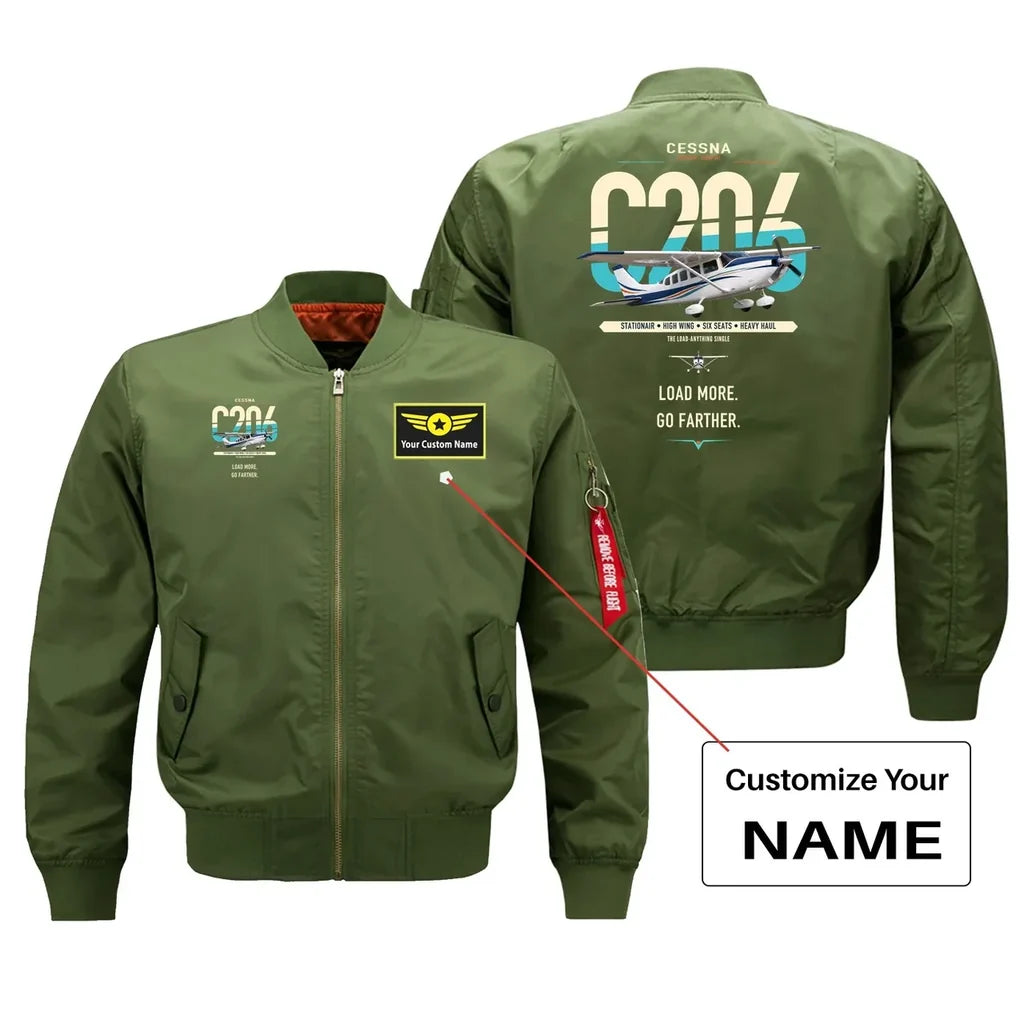 Cessna 206 Stationair design on green+name bomber jacket, double-side print