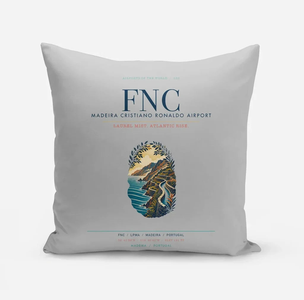 Madeira Cristiano Ronaldo Airport (FNC) design on light gray pillow