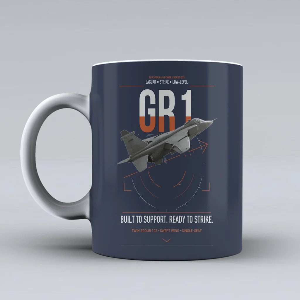 SEPECAT Jaguar GR1 design on dark blue ceramic mug, double-side print