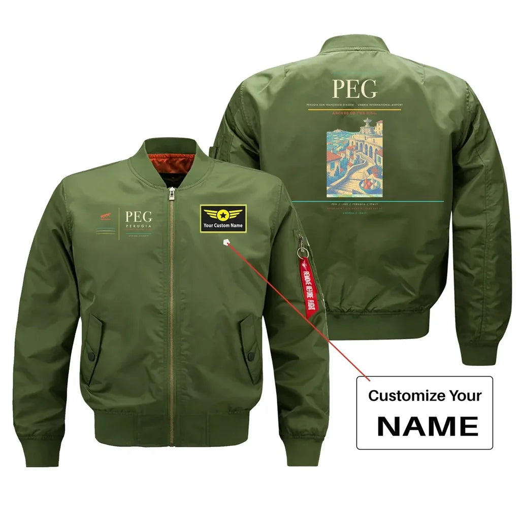 Perugia San Francesco d'Assisi – Umbria International Airport (PEG) design on green bomber jacket with custom name patch