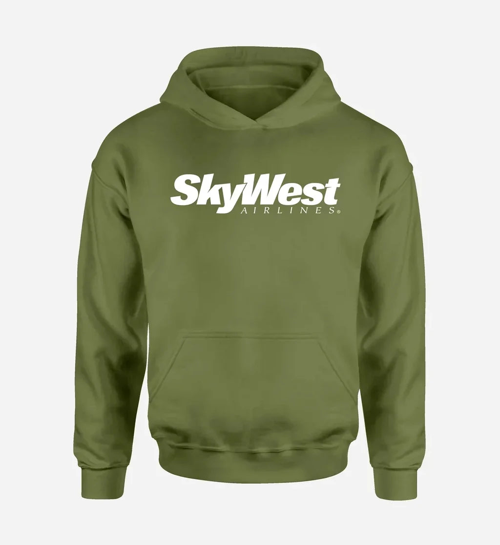 Skywest Airlines logo printed on green army hoodie
