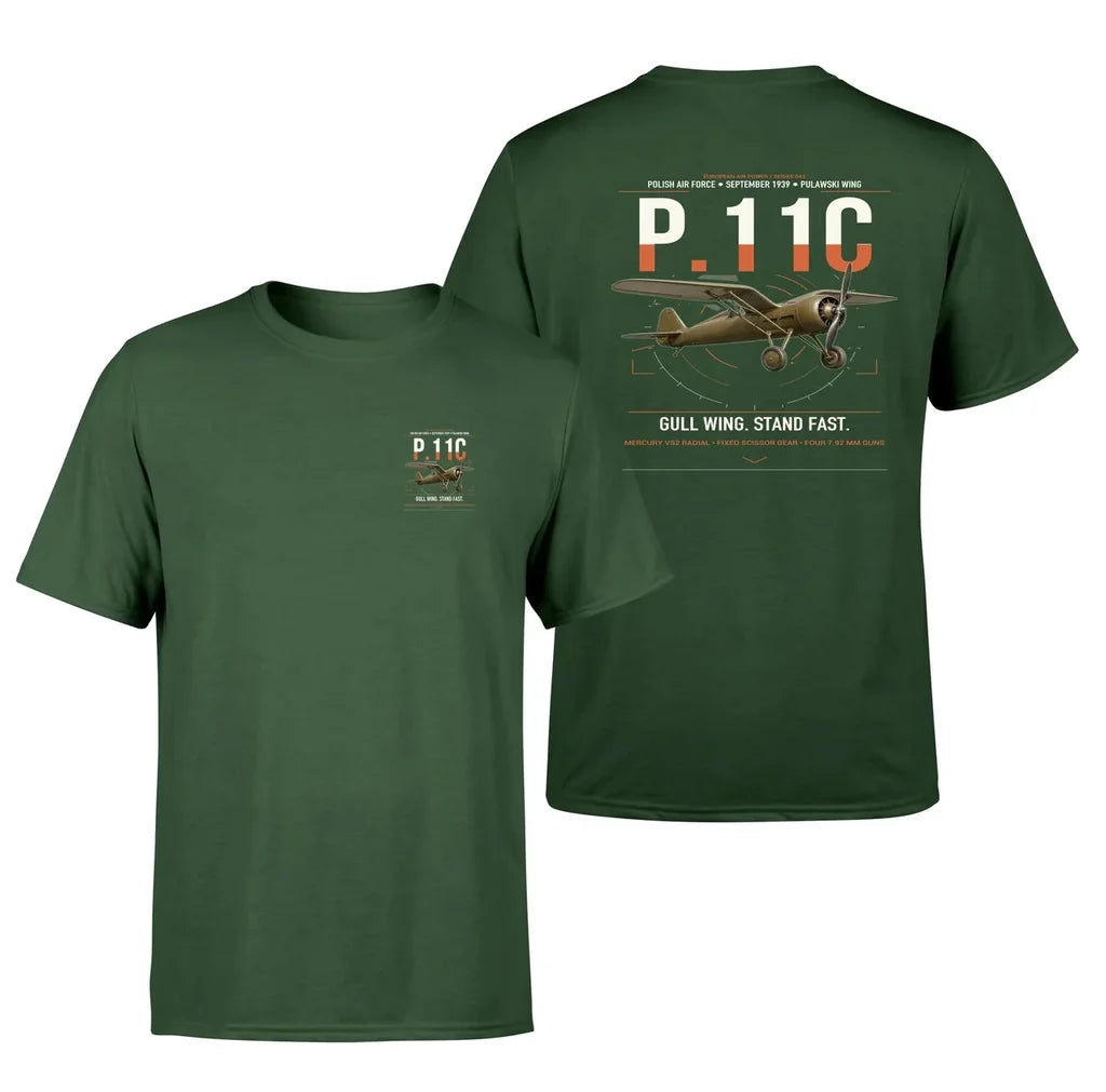 PZL P.11c design on dark green t-shirt, double-side print
