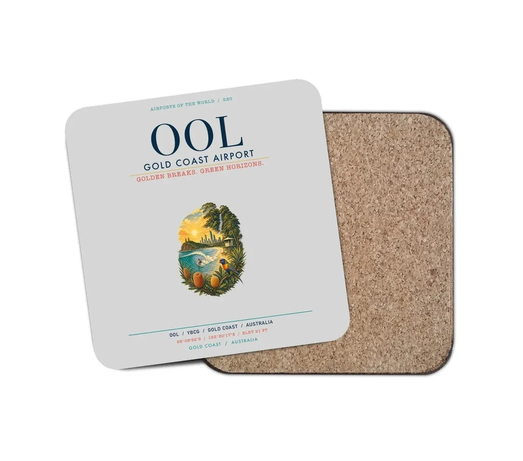 Gold Coast Airport (OOL) design on light gray 1 piece coaster