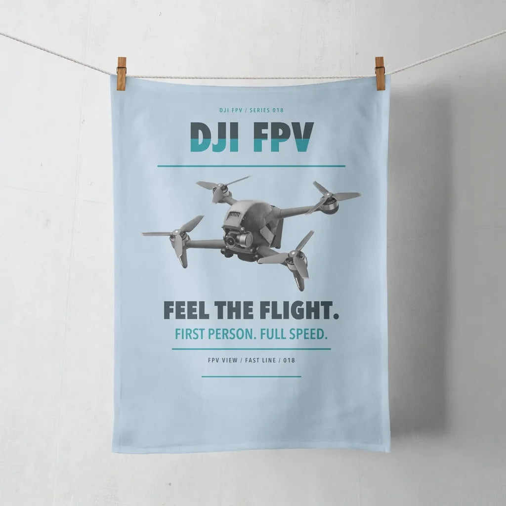 DJI FPV design on light blue towel